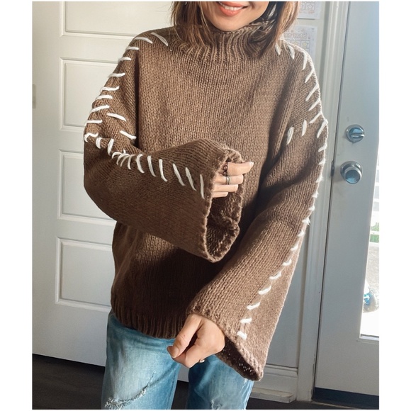 Cozy Mocha Brown Stitched Detail Turtleneck Sweater Top - Picture 3 of 13